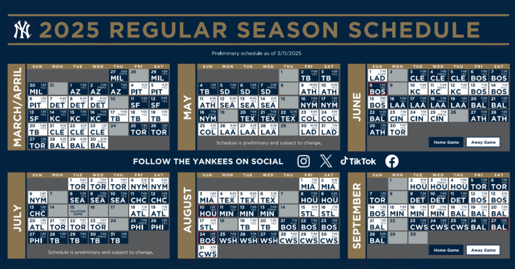 New York Yankees Schedule 2025 Printable PDF FREE Download