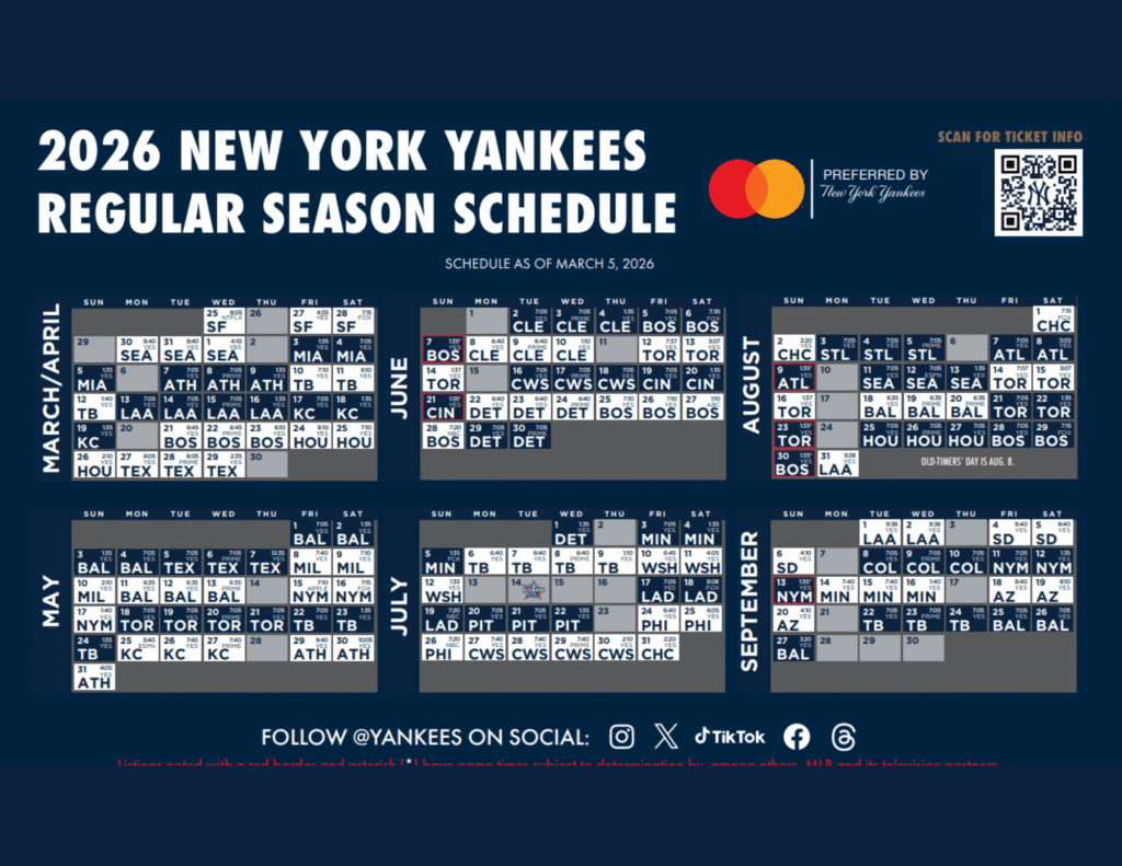Complete 2026 New York Yankees Schedule