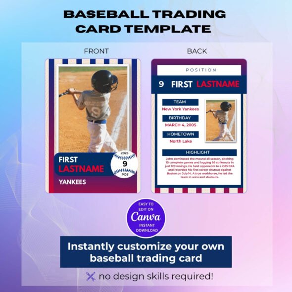 Editable Baseball Card Template (Front & Back) | Printable Canva & PDF/PNG Download