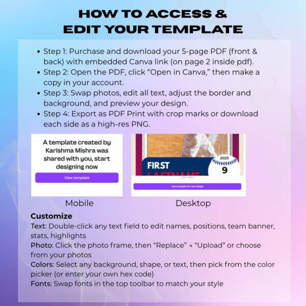 Editable Baseball Card Template (Front & Back) | Printable Canva & PDF/PNG Download